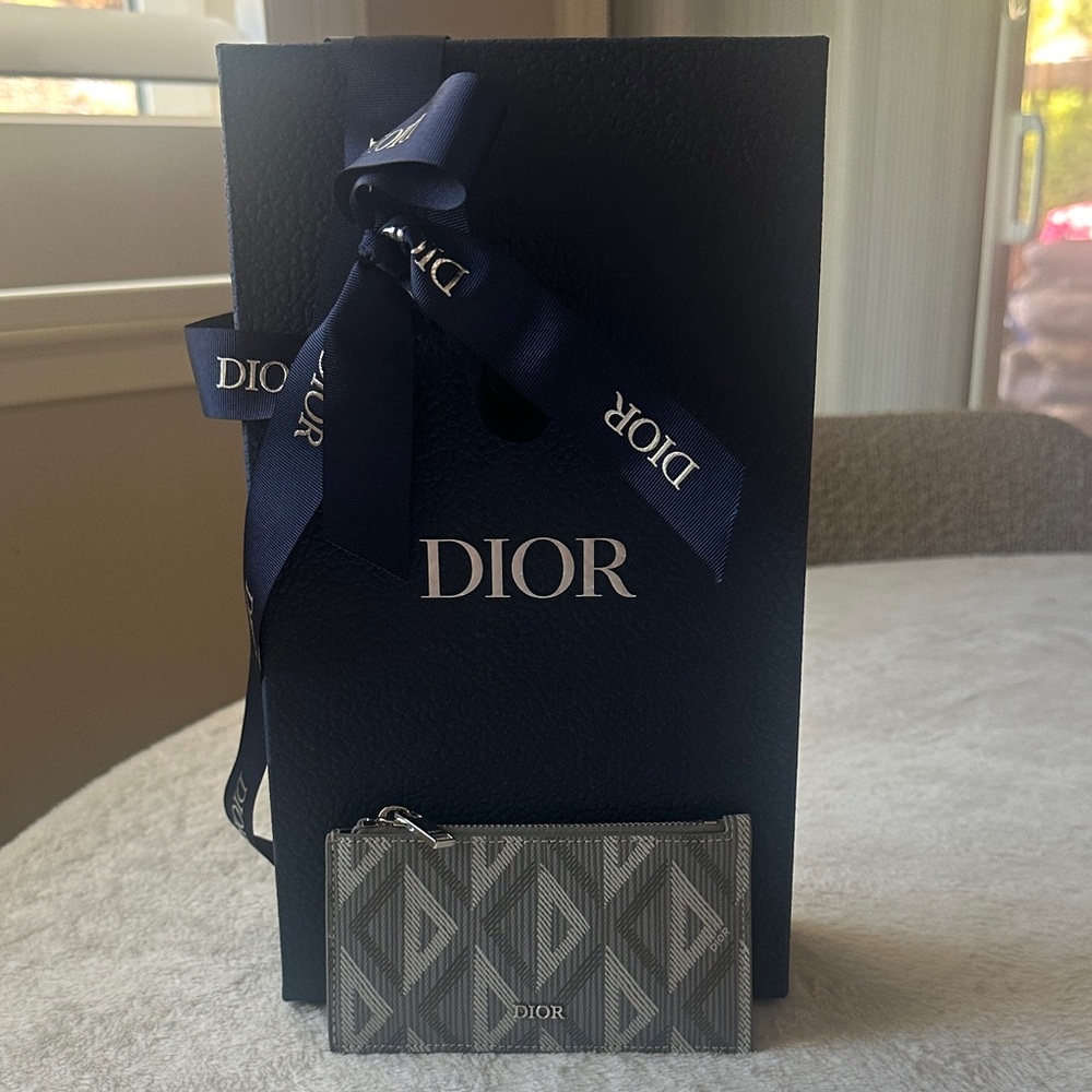 Dior Card holder wallet with zipper coin pocket. Silver hardware. Grey color.